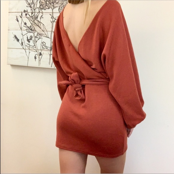Open Back Tie Long Sleeve Mini Dress Sweater - Picture 8 of 8